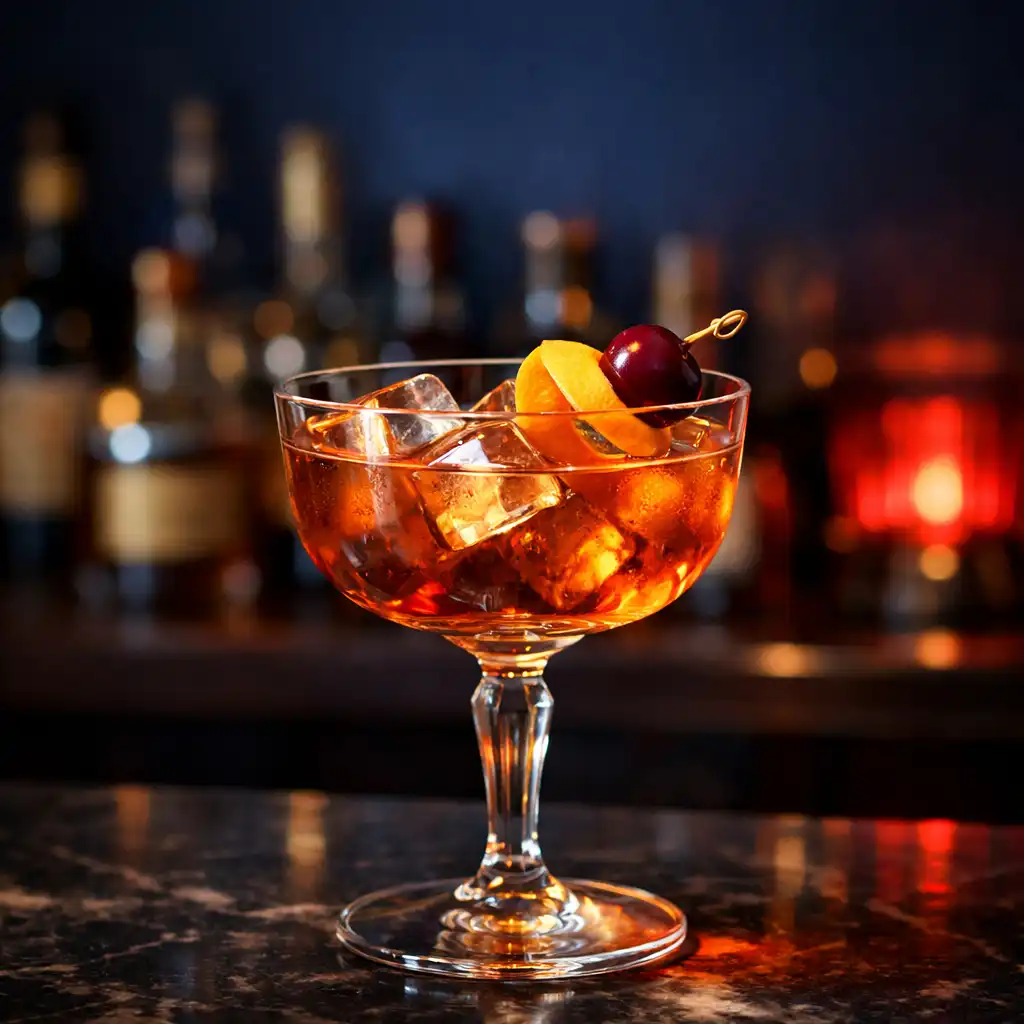 Cocktail signature ambré posé sur un comptoir en marbre sombre