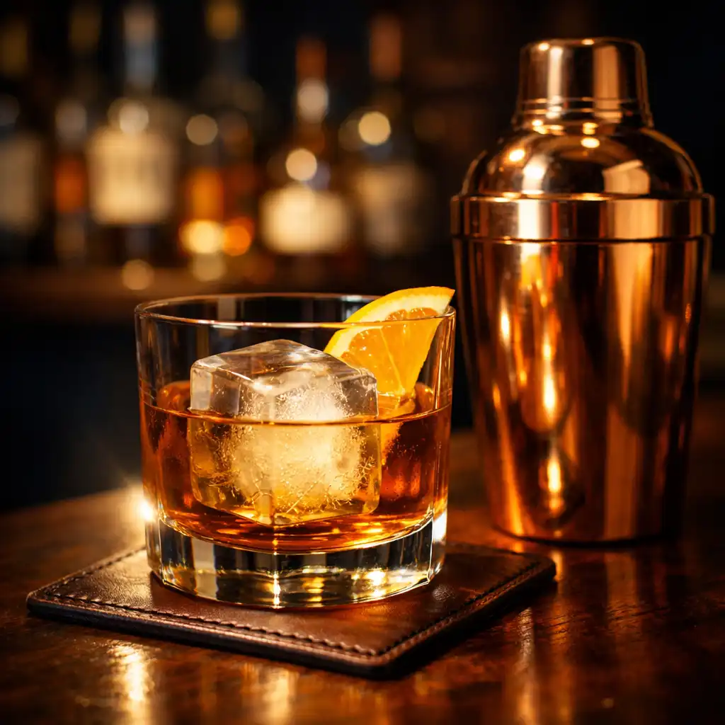 Verre old fashioned et shaker en cuivre sur le comptoir du bar
