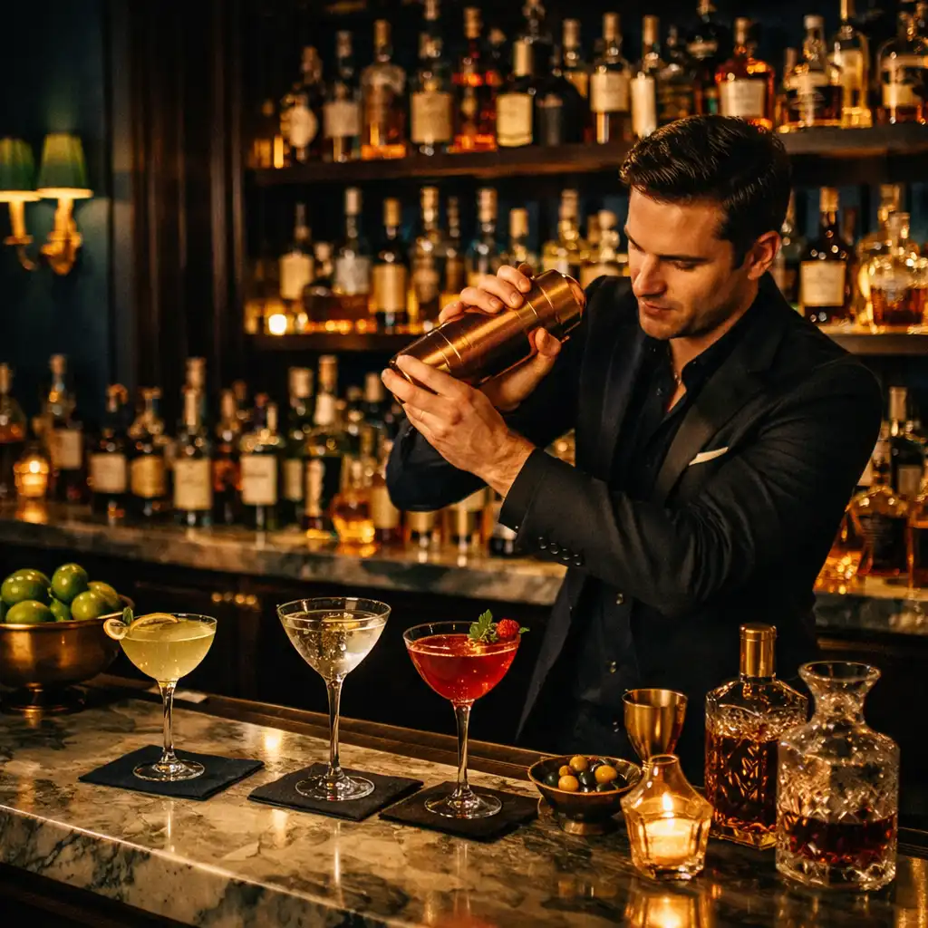 Barman préparant un cocktail signature au bar élégant du Salon Acacia