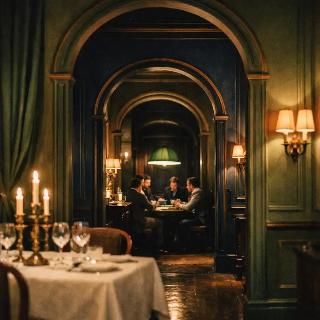 Enfilade nocturne du Salon Acacia montrant une succession de portes ouvertes menant de la salle à manger au salon de poker