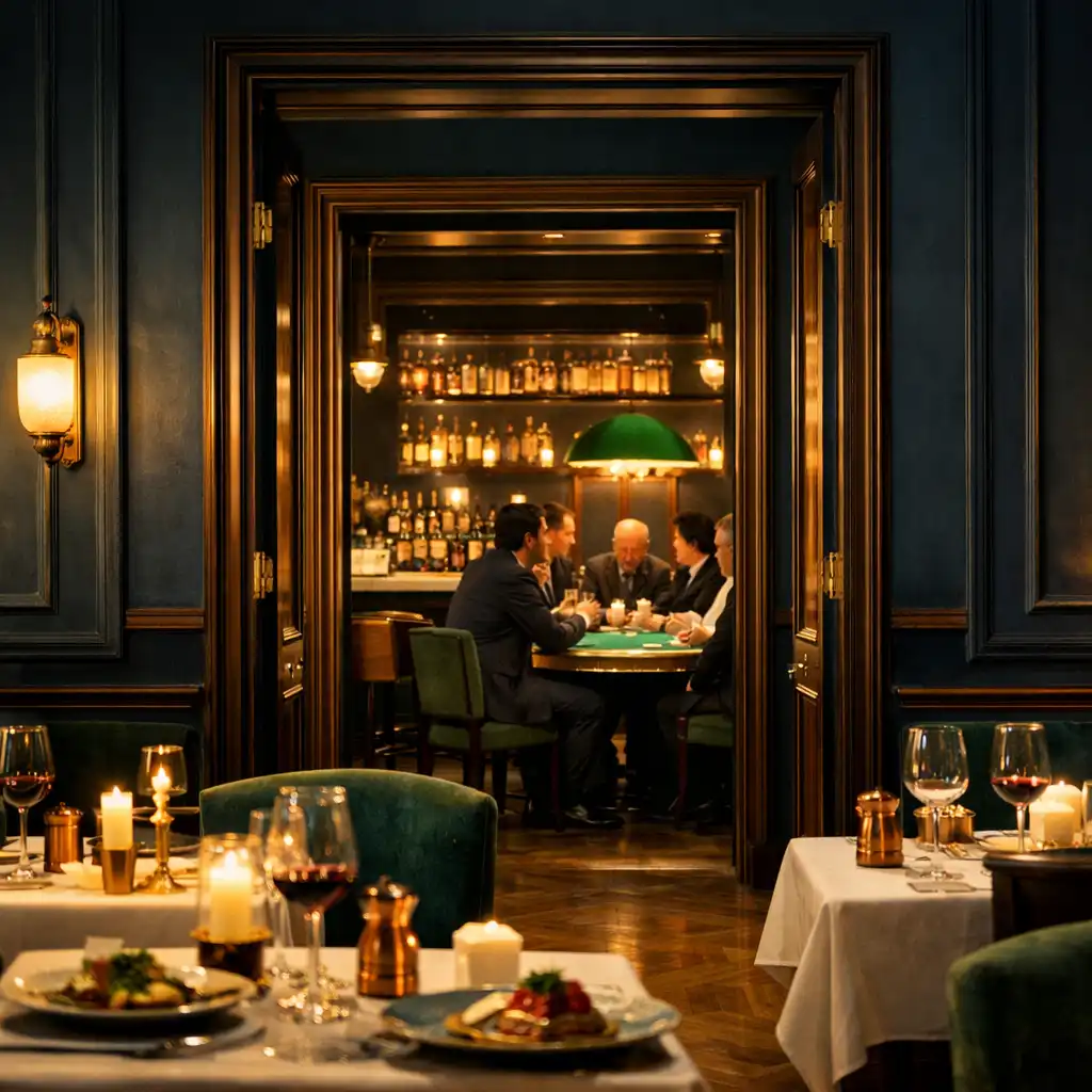 Enfilade de pièces du Salon Acacia : salle à manger élégante, bar et salon de poker