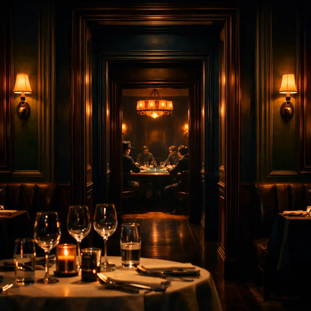 Enfilade de portes menant à une salle de poker dans un restaurant parisien élégant