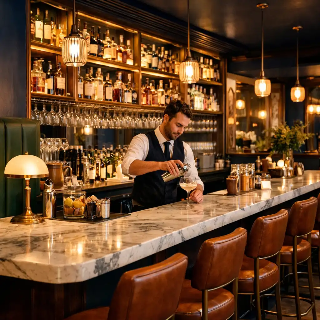 Coin bar avec comptoir en marbre et bouteilles rétroéclairées