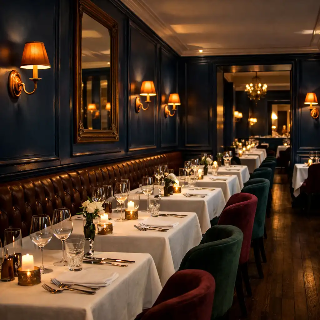 Salle à manger élégante avec tables nappées et bougies