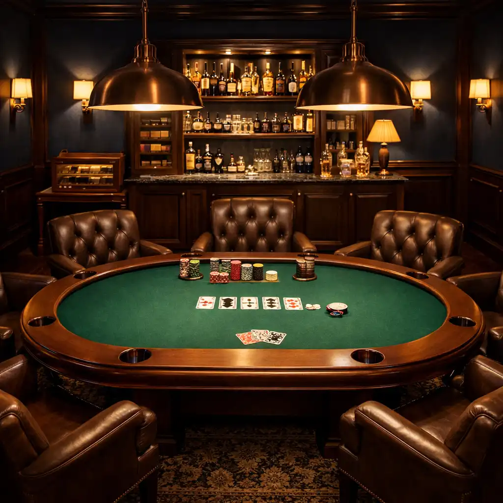 Salon de poker feutré avec table ovale et fauteuils en cuir