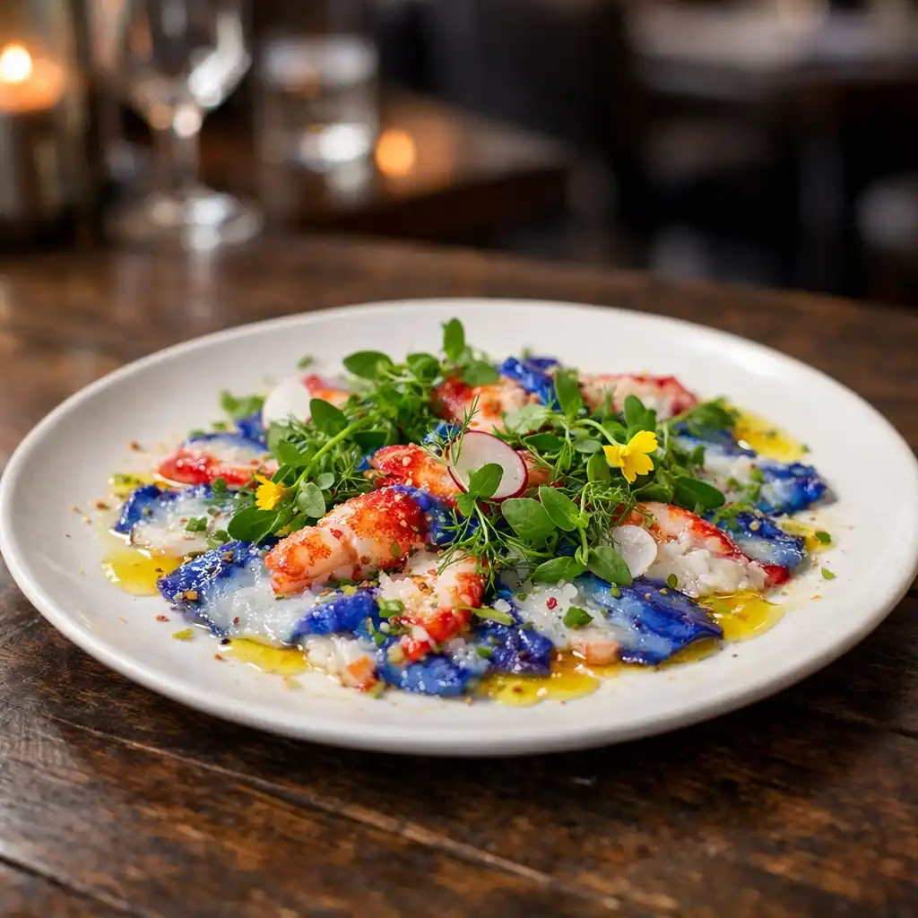 Carpaccio de homard bleu avec herbes fraîches et huile d'olive