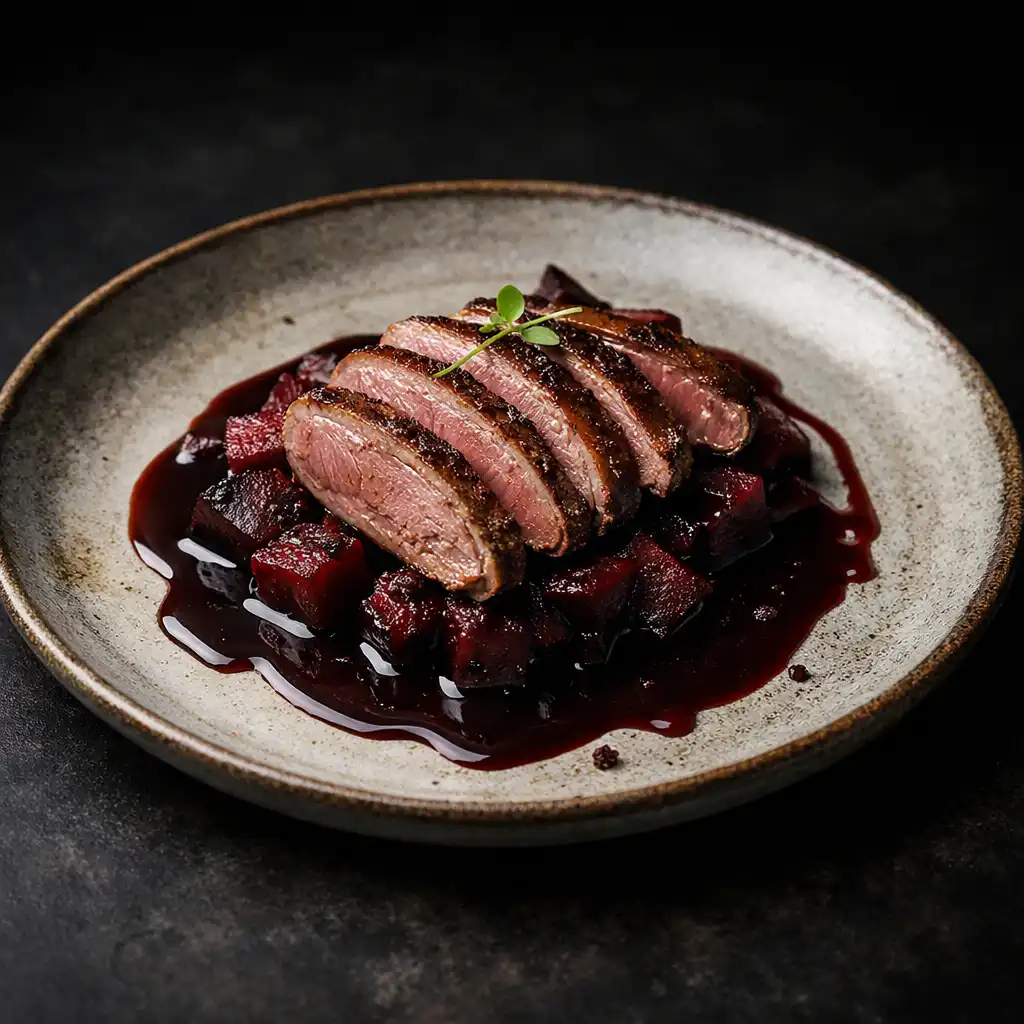 Pigeon rôti tranché sur lit de betterave fumée avec sauce au vin rouge et cacao