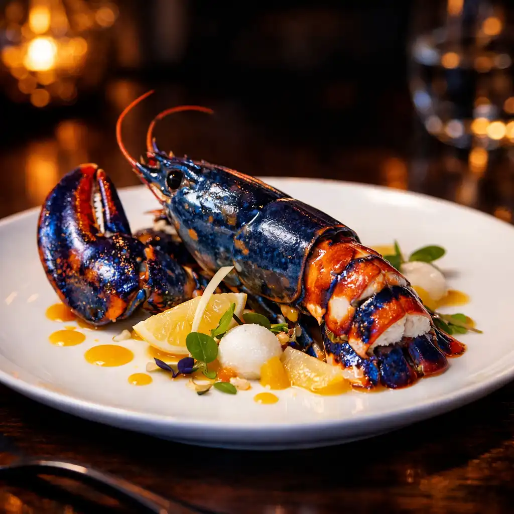 Plat signature de homard bleu élégamment dressé sur une assiette en porcelaine blanche