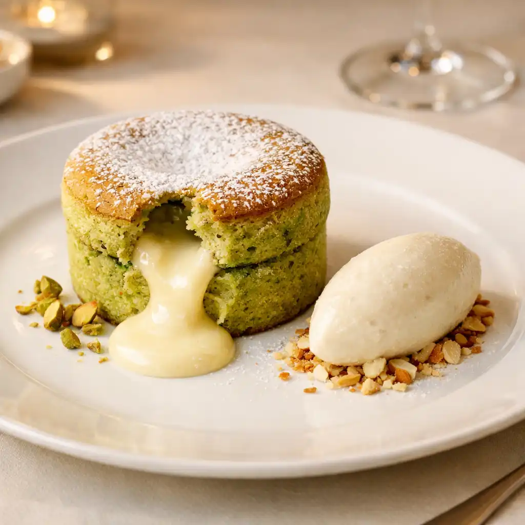 Soufflé à la pistache de Sicile avec cœur coulant au chocolat blanc et glace au lait d'amande