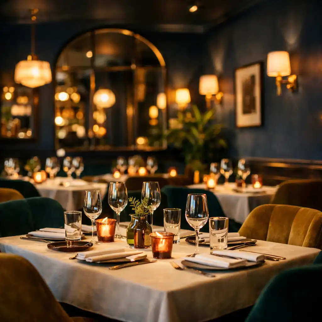 Salle à manger élégante de Salon Acacia avec tables dressées, chaises en velours et éclairage tamisé