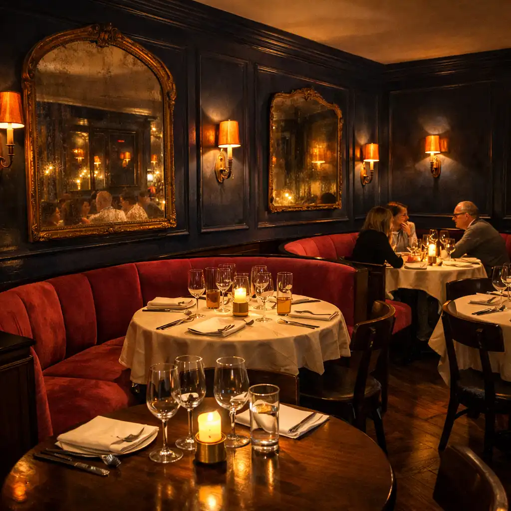 Salle à manger principale du Salon Acacia avec banquettes en velours framboise, tables nappées et éclairage chaleureux