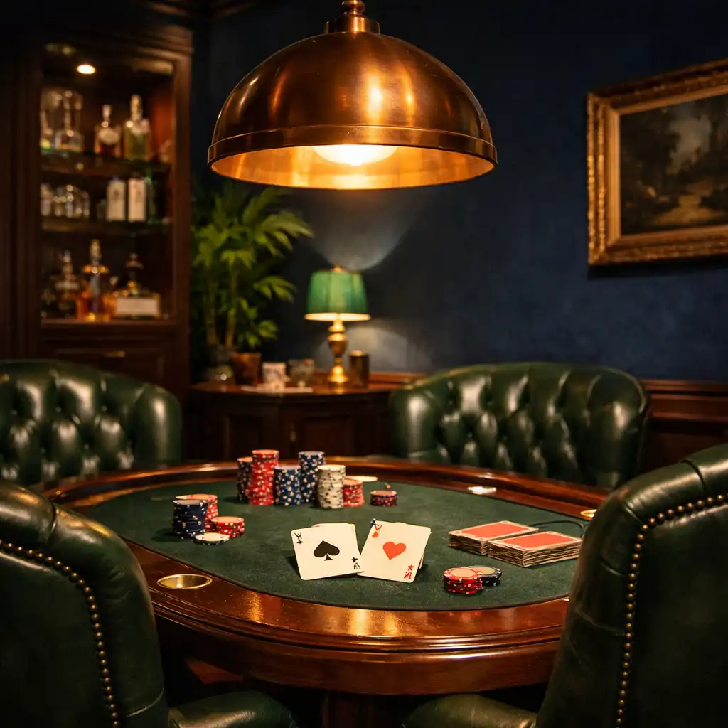 Coin du Salon de Poker avec table en bois sombre, fauteuils en cuir vert et suspension en cuivre