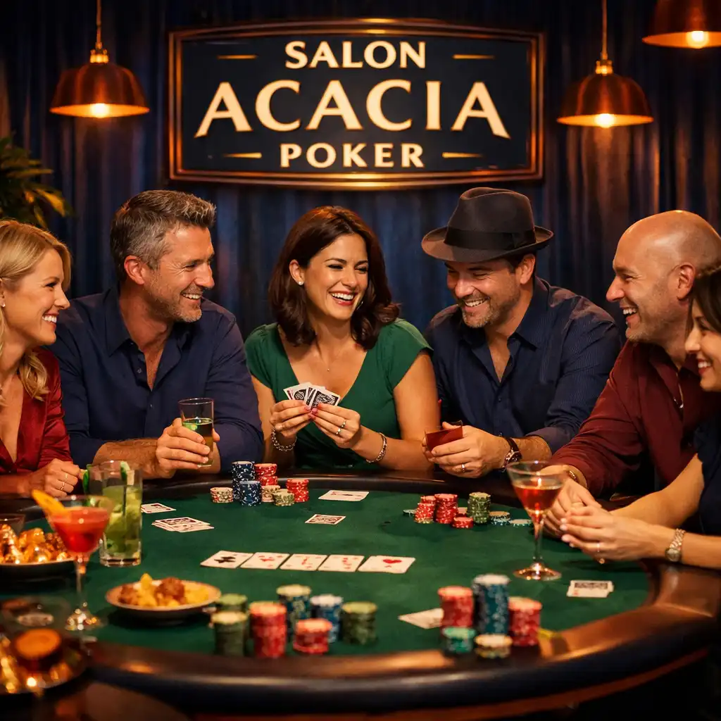 Soirée poker conviviale au Salon de Poker avec des joueurs souriants autour d'une table de Texas Hold'em