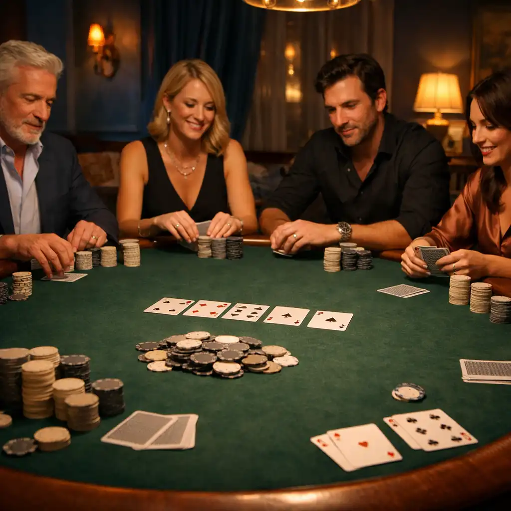 Table de poker physique dans le Salon de Poker de Salon Acacia avec joueurs adultes, cartes et jetons