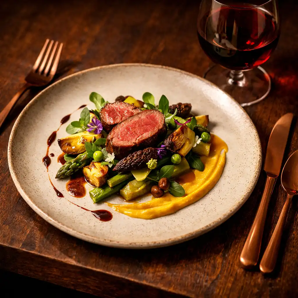 Assiette de cuisine française contemporaine, plat signature avec des ingrédients de saison, dressage raffiné, posée sur une table en bois sombre
