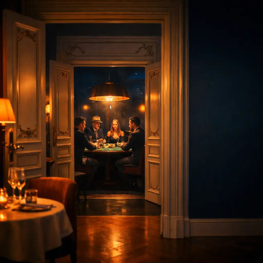 Enfilade de portes parisiennes menant à une salle de poker élégante avec une table de Texas Hold'em