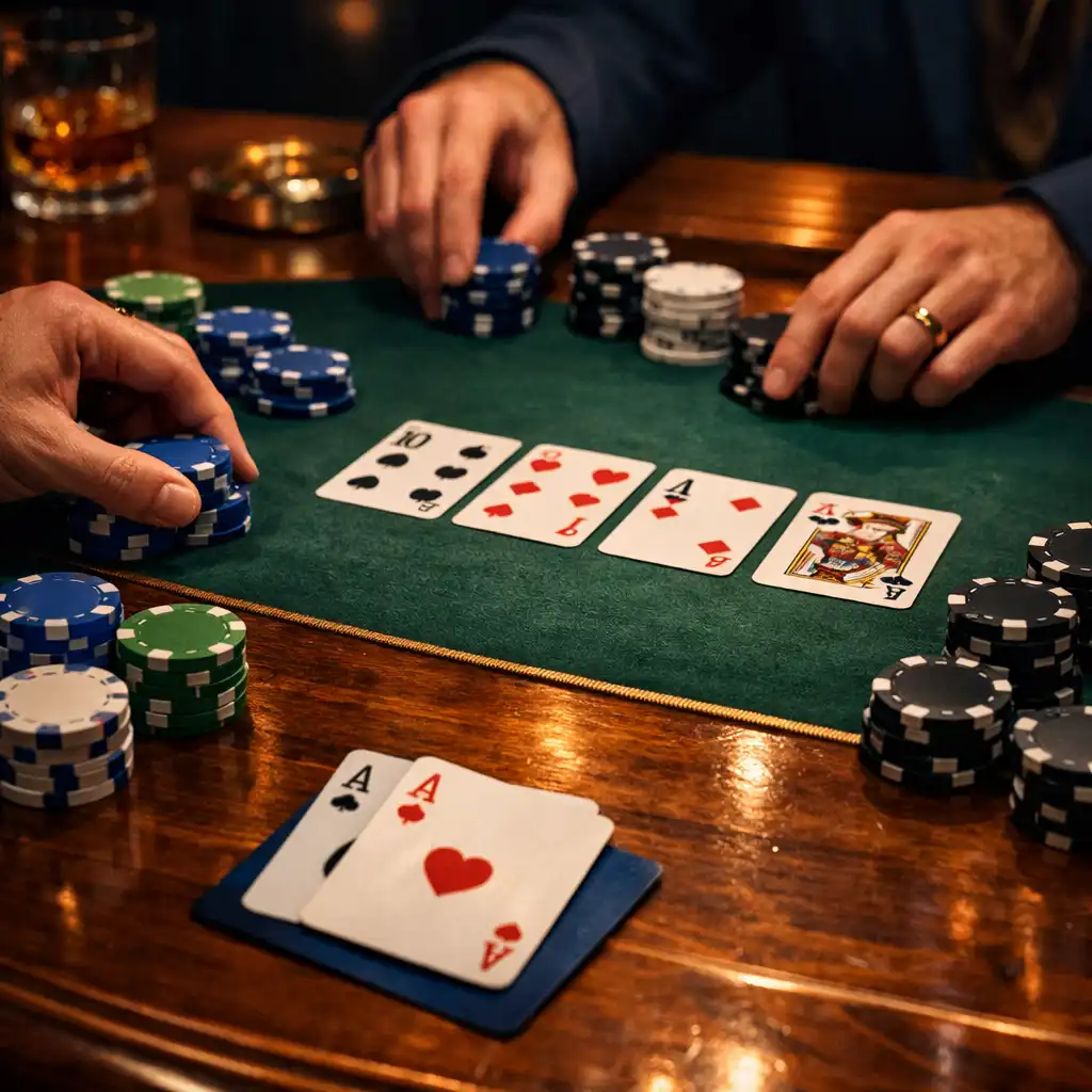 Gros plan sur une table de poker en bois massif avec des cartes et des jetons neutres, mains de joueurs adultes en train de miser