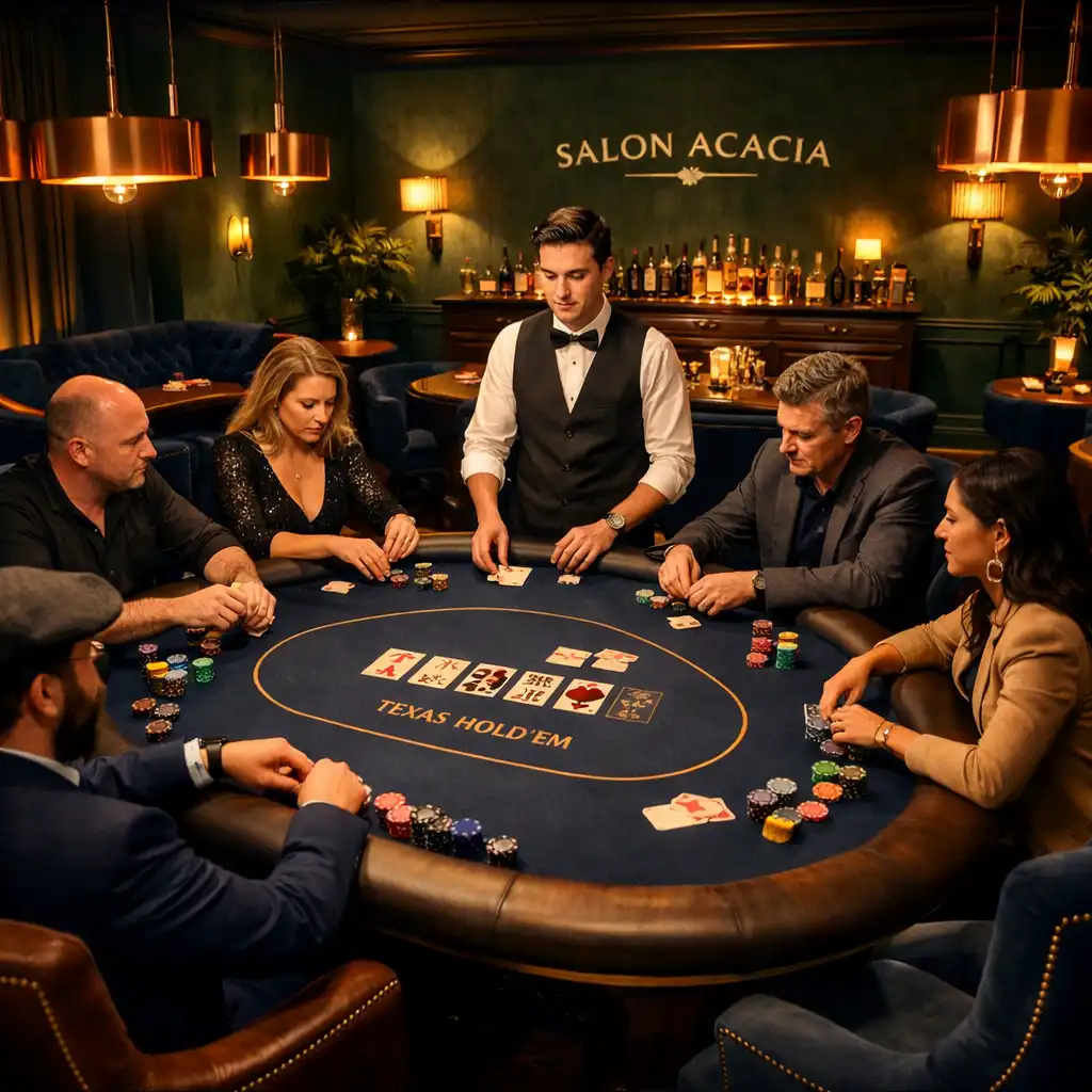 Vue d'ensemble du Salon de Poker avec une table de Texas Hold'em, des joueurs adultes assis et un croupier debout, décoration élégante
